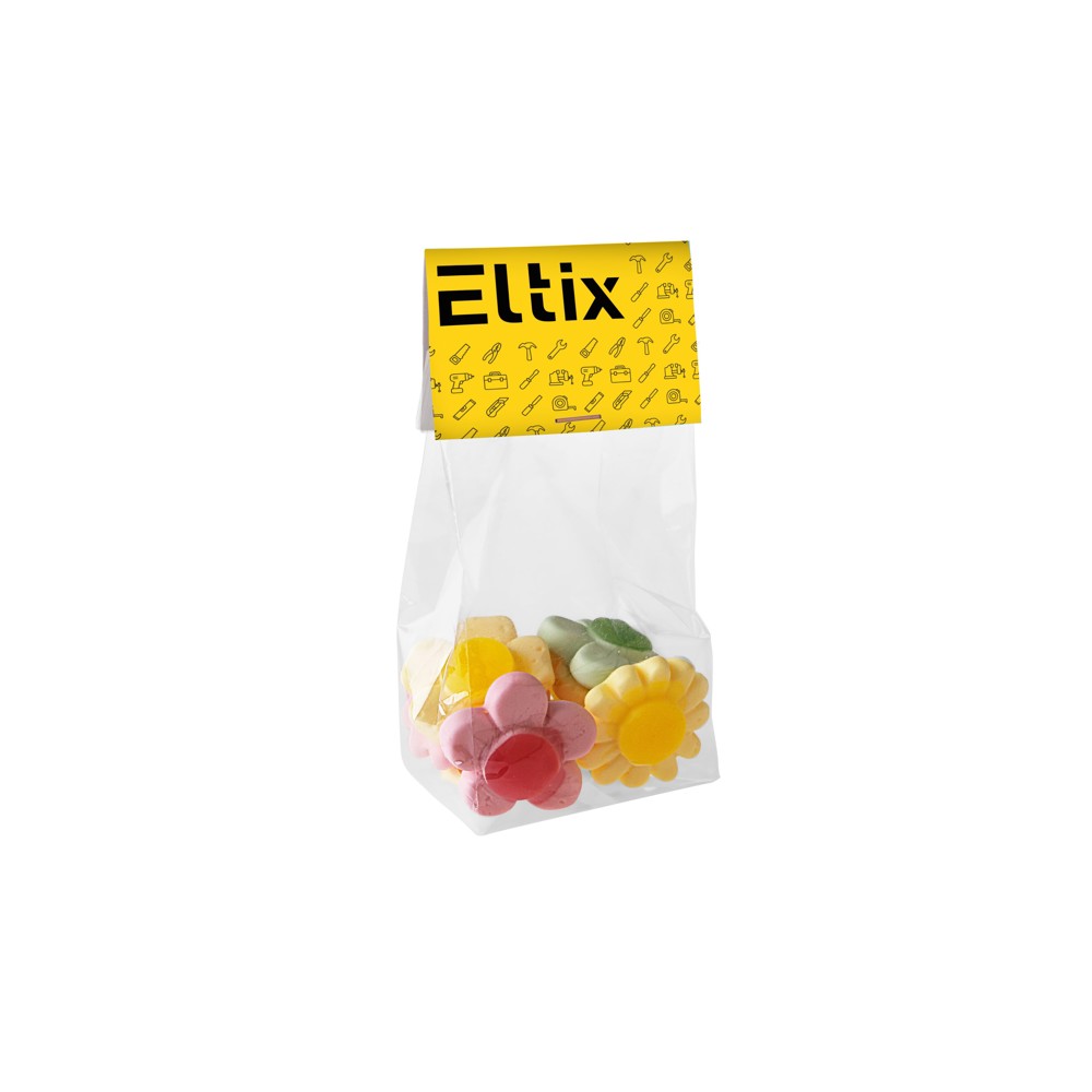 Blockbeutel mit Kopfkarte und 50 g Süssigkeiten - Transparent/Weiß
