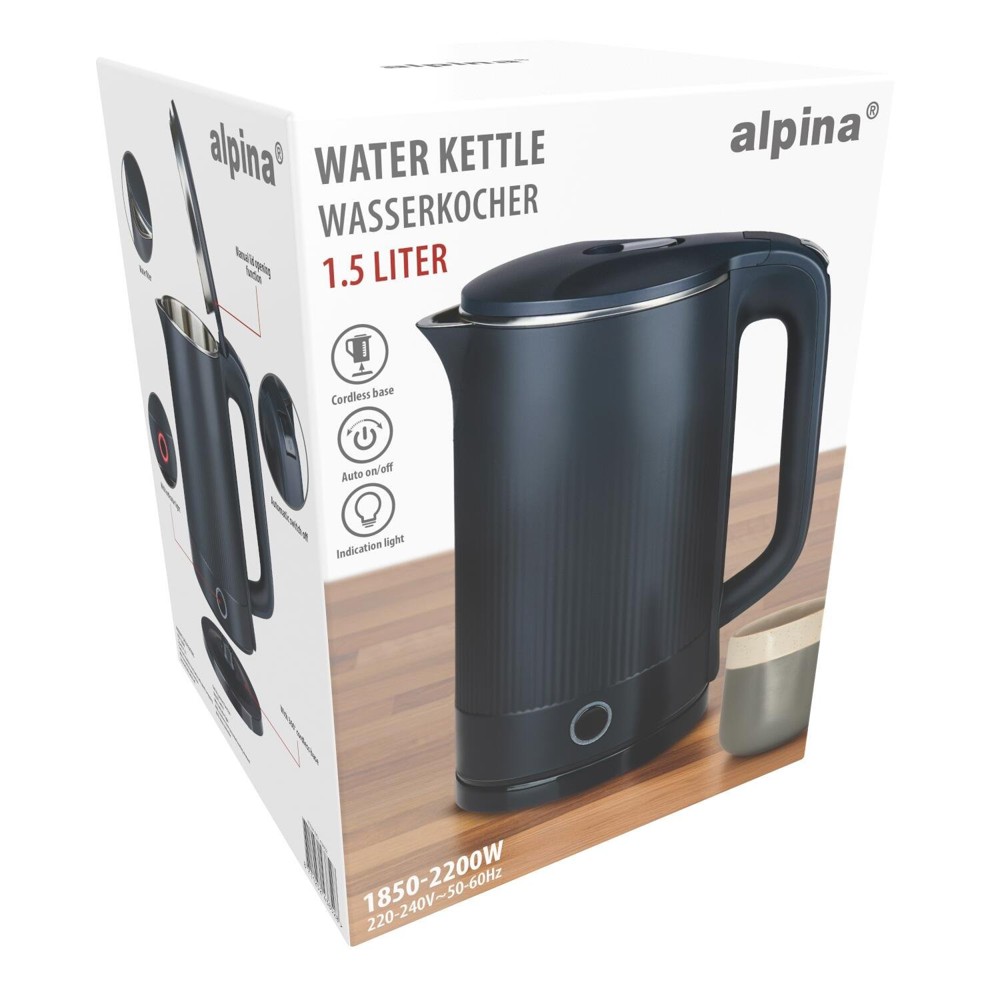ALPINA 1.5L Cordless Electric Water Kettle- Schwarz
