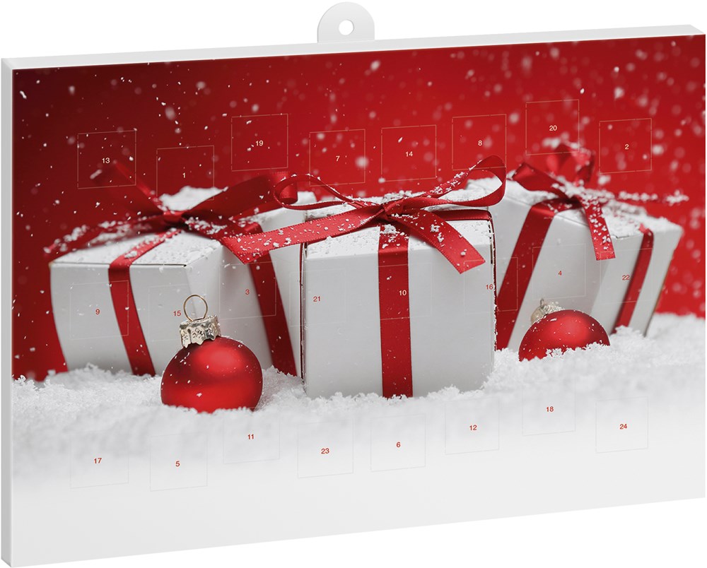 reinpapier® Classic-Adventskalender – personalisierbares STANDARDMOTIV, Geschenke mit roter Schleife