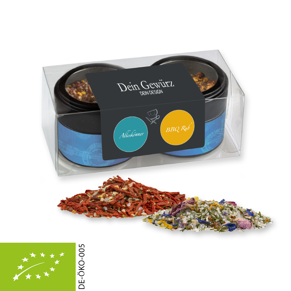 verschiedene Gewürzmischungen Bio und nicht Bio (Kategorie 1), ca. 90-220g, Metalldose Mini mit Sichtfenster im 2er Set